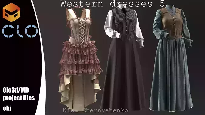Western dresses 5 - Marvelous Designer project and OBJ