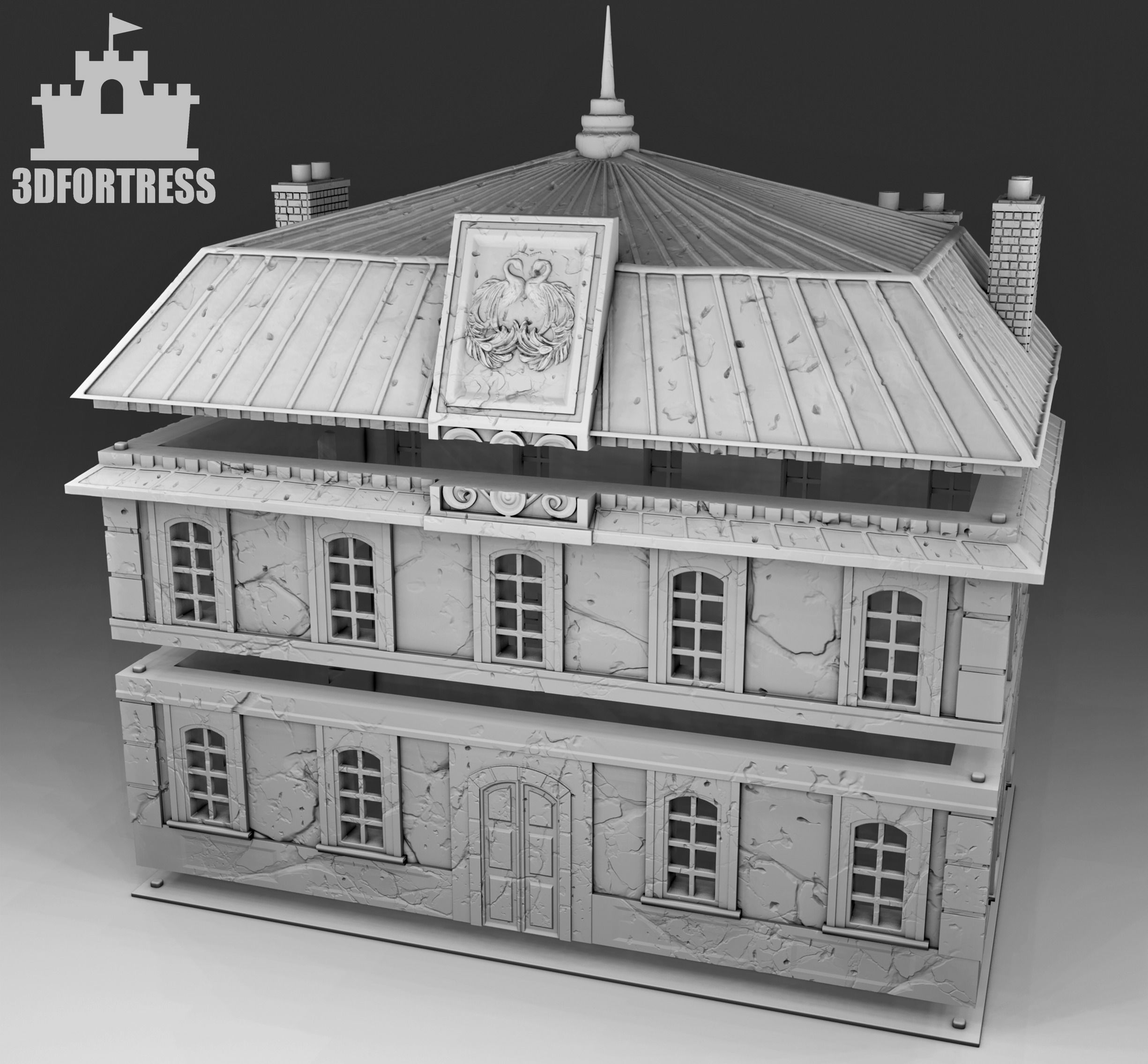  Old two-story tapestry building 3D print model_1