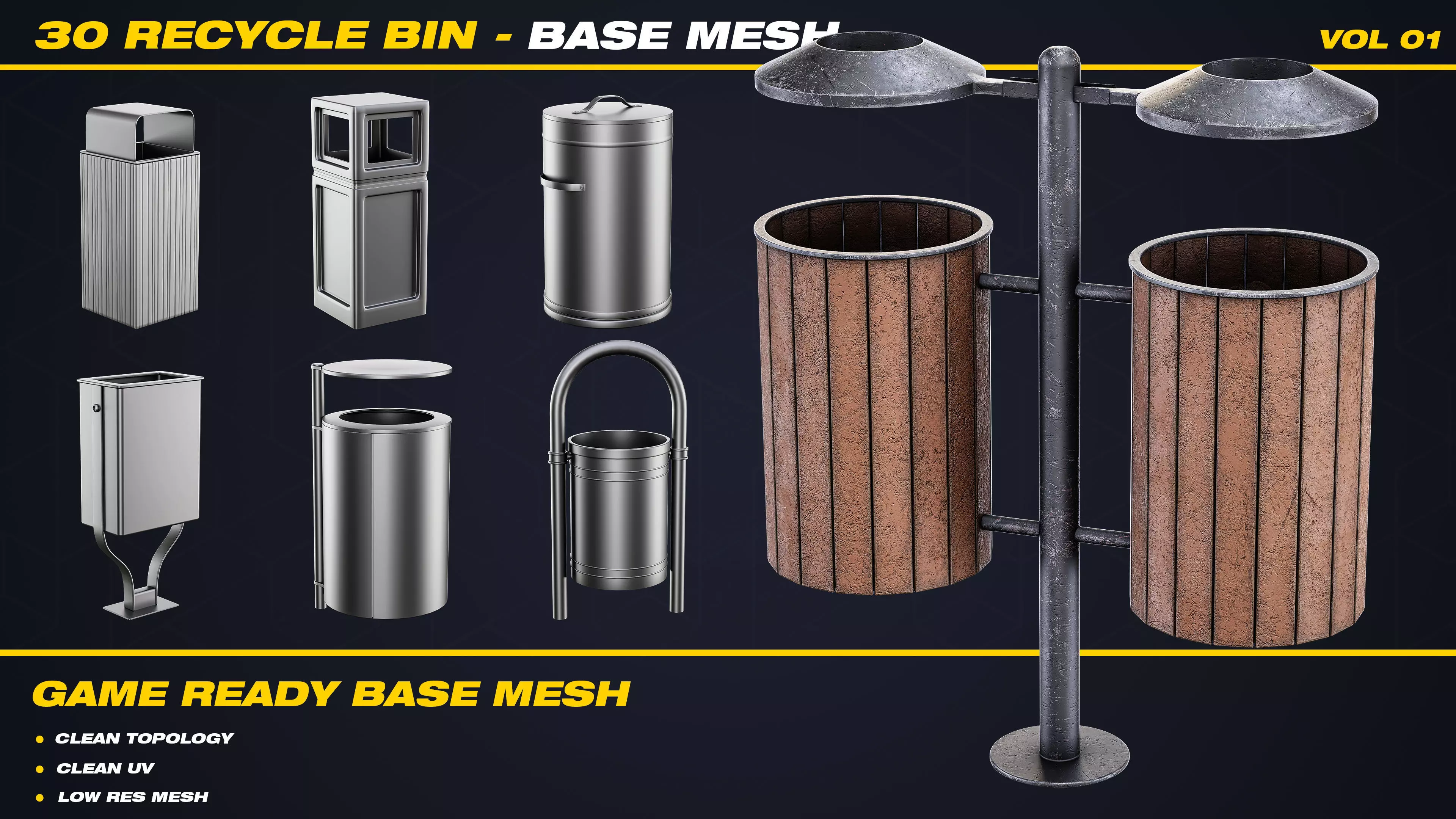 30 Recycle Bin Base Mesh - VOL 01 - Game Ready  Low-poly 3D model_0