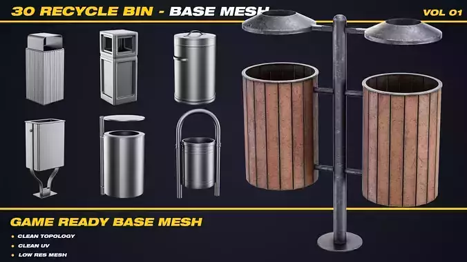 30 Recycle Bin Base Mesh - VOL 01 - Game Ready 