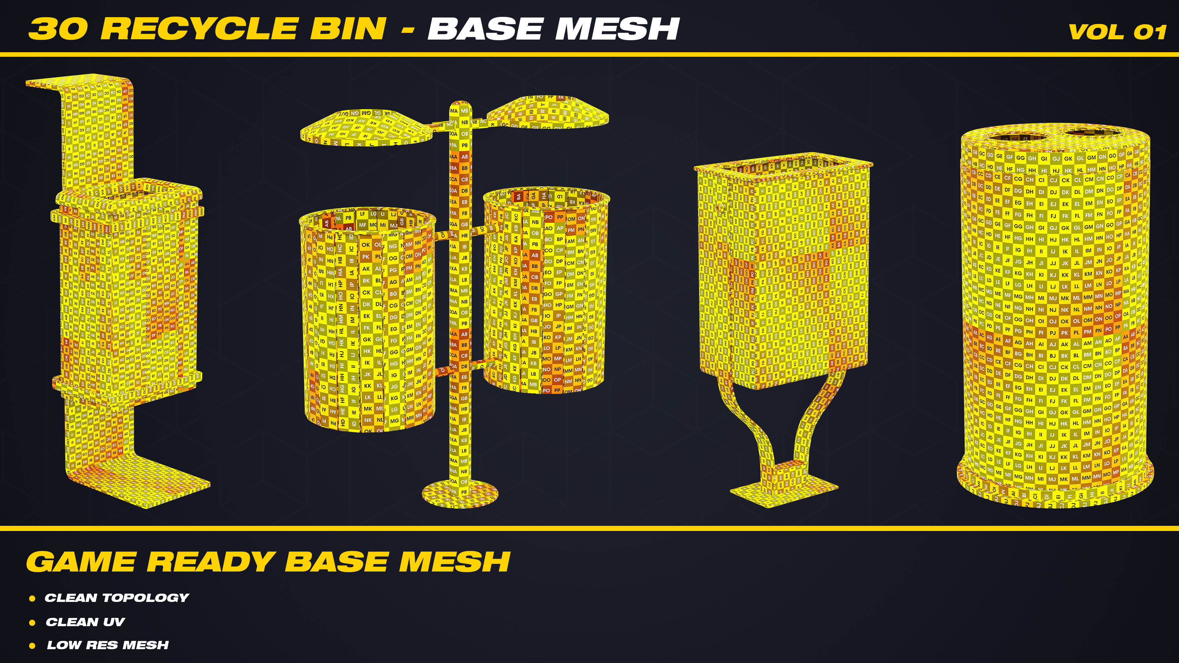 30 Recycle Bin Base Mesh - VOL 01 - Game Ready  Low-poly 3D model_4