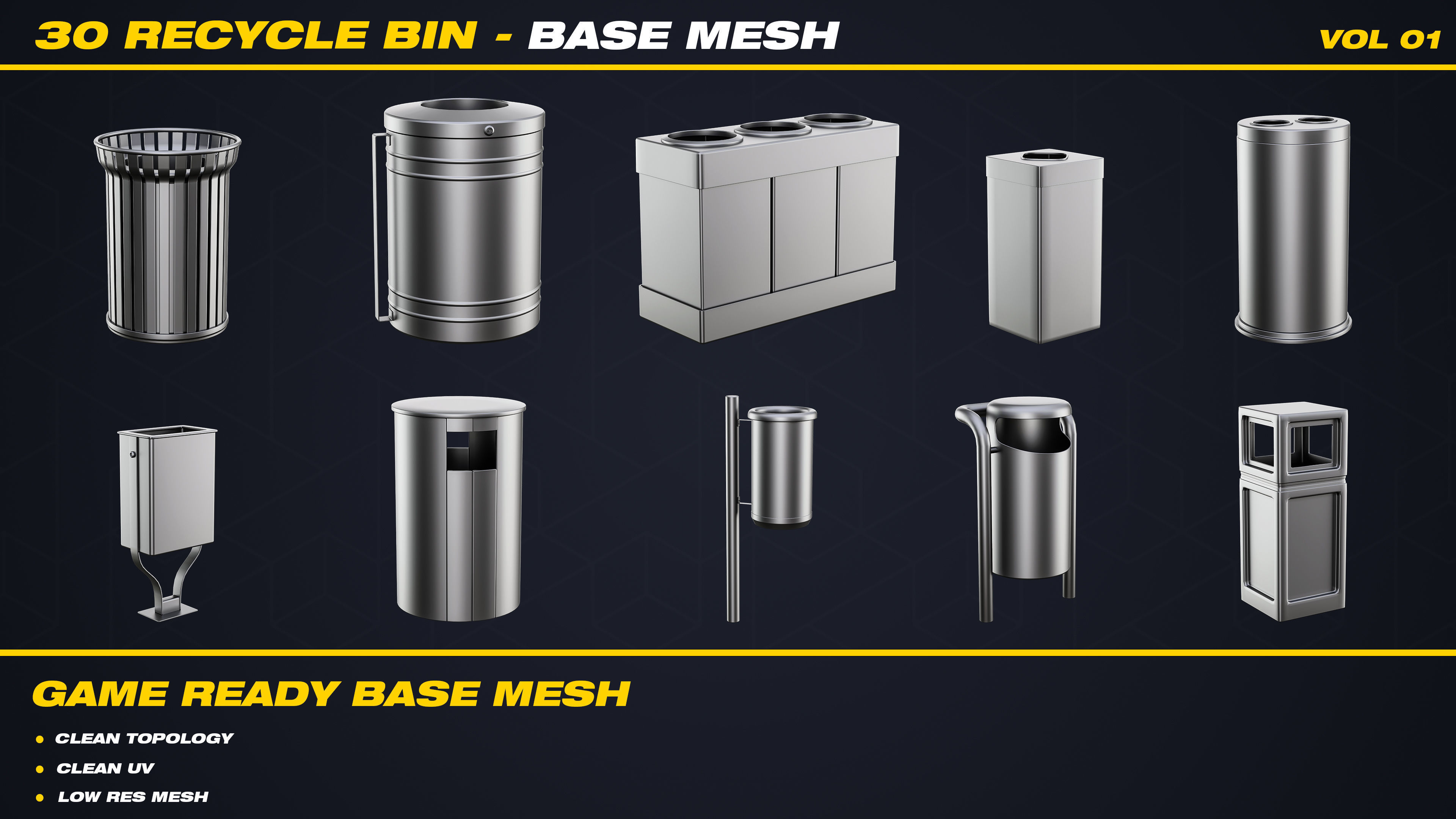 30 Recycle Bin Base Mesh - VOL 01 - Game Ready  Low-poly 3D model_2