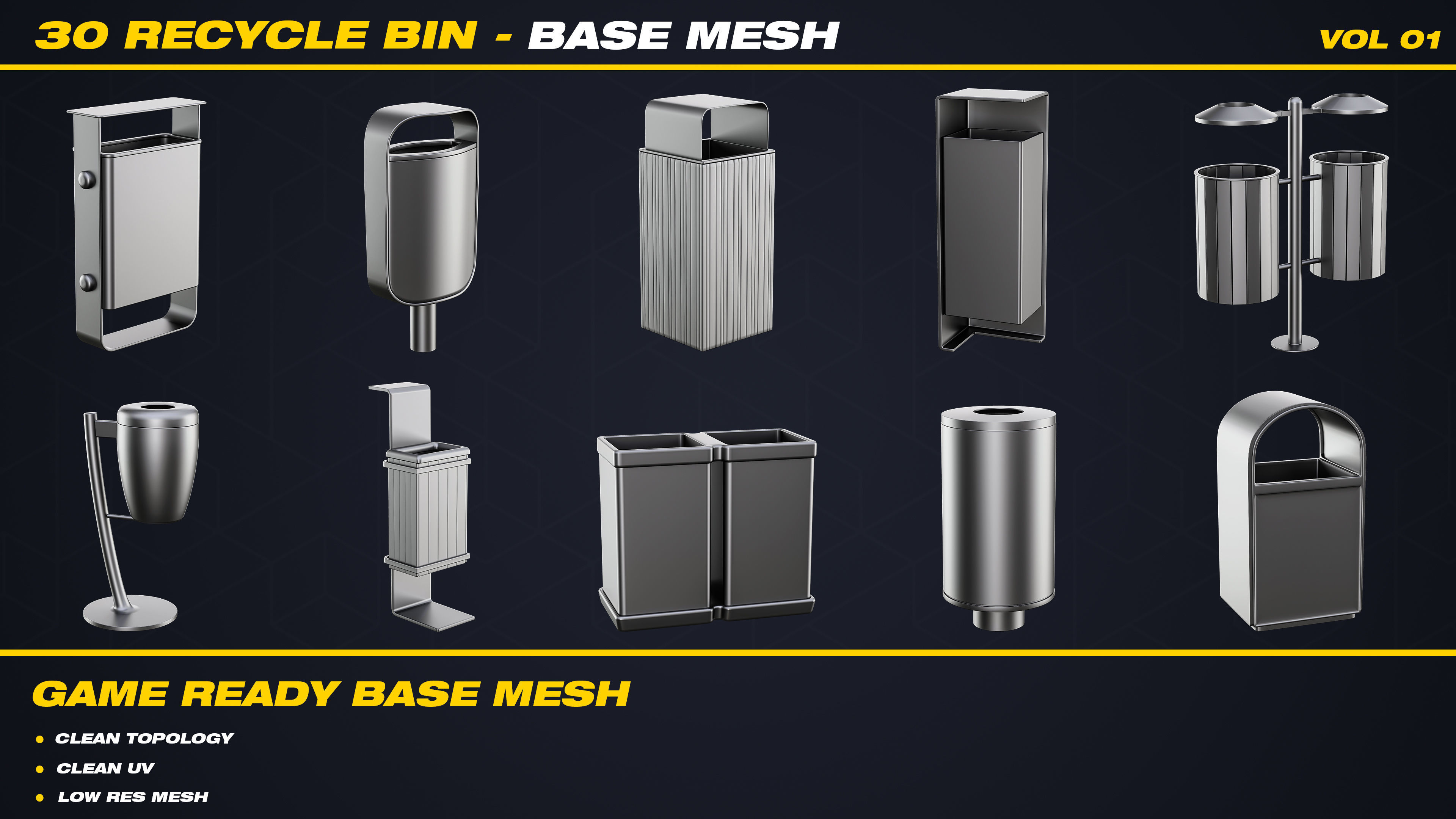 30 Recycle Bin Base Mesh - VOL 01 - Game Ready  Low-poly 3D model_3