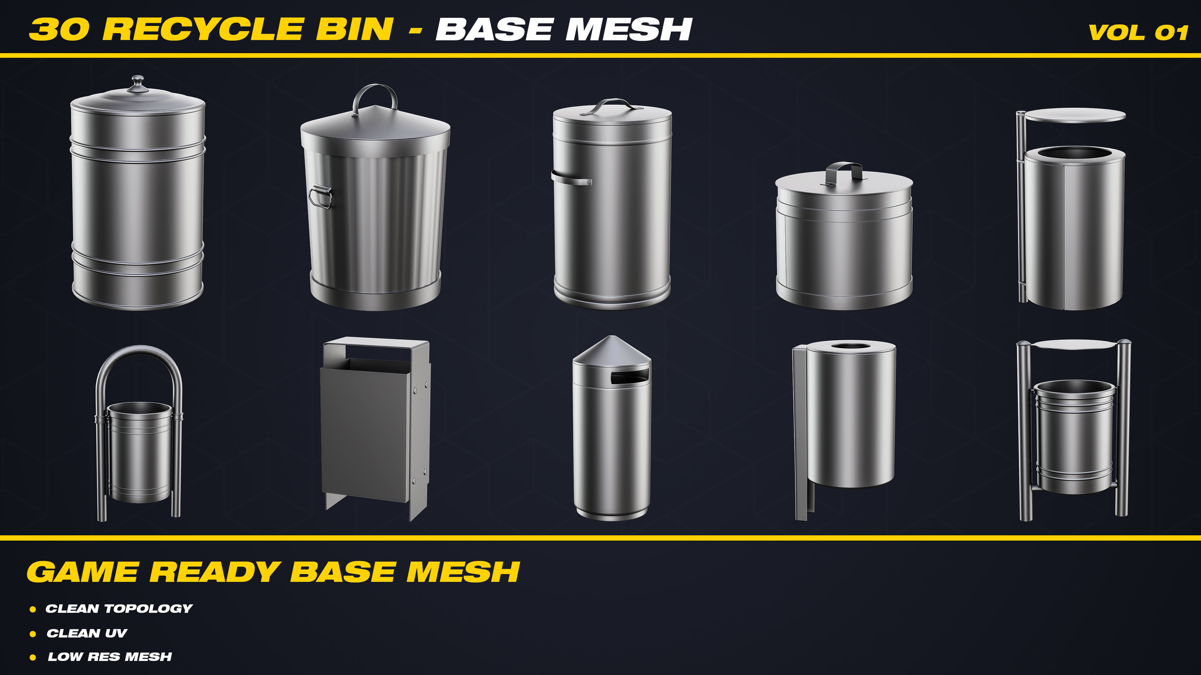 30 Recycle Bin Base Mesh - VOL 01 - Game Ready  Low-poly 3D model_1