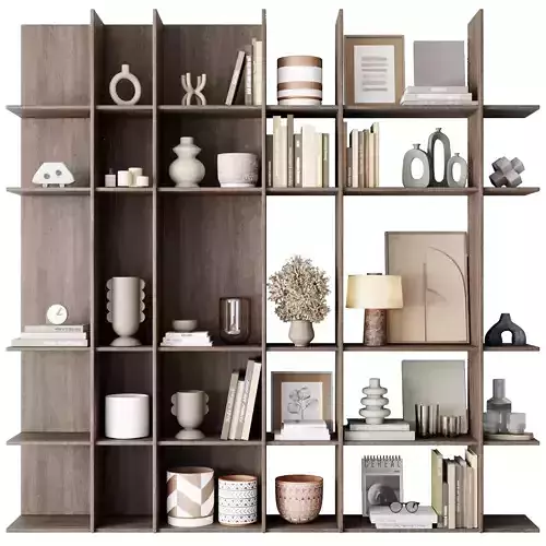 Wooden Shelves Decorative With Plants and Book - Wooden Rack 22 3D model