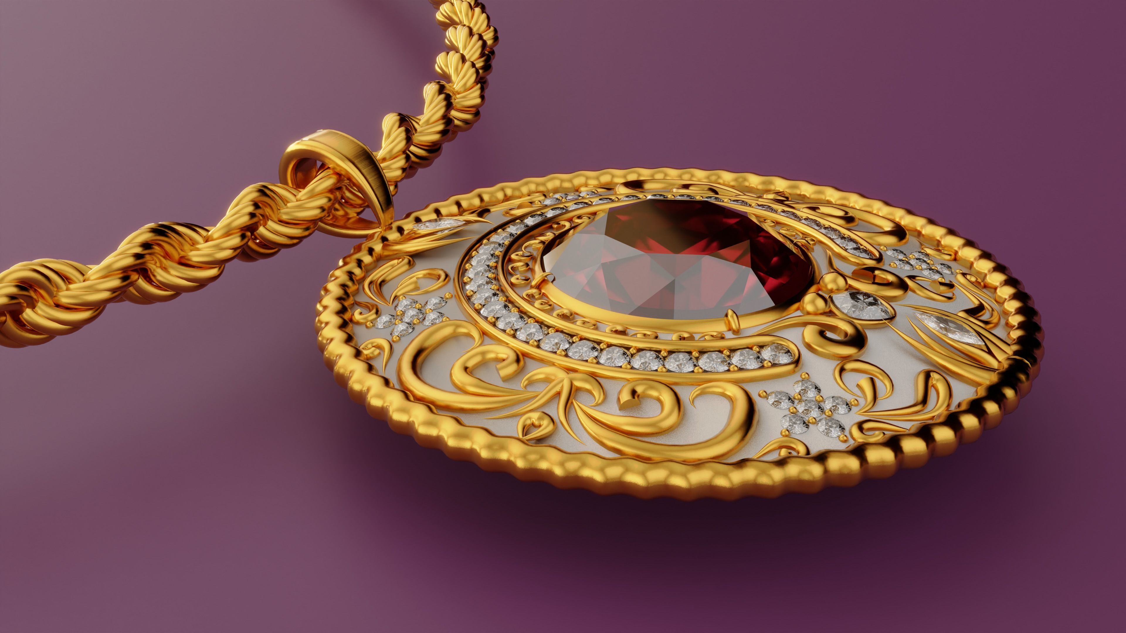 Diamond Pendant with Rope Chain 3D model_2