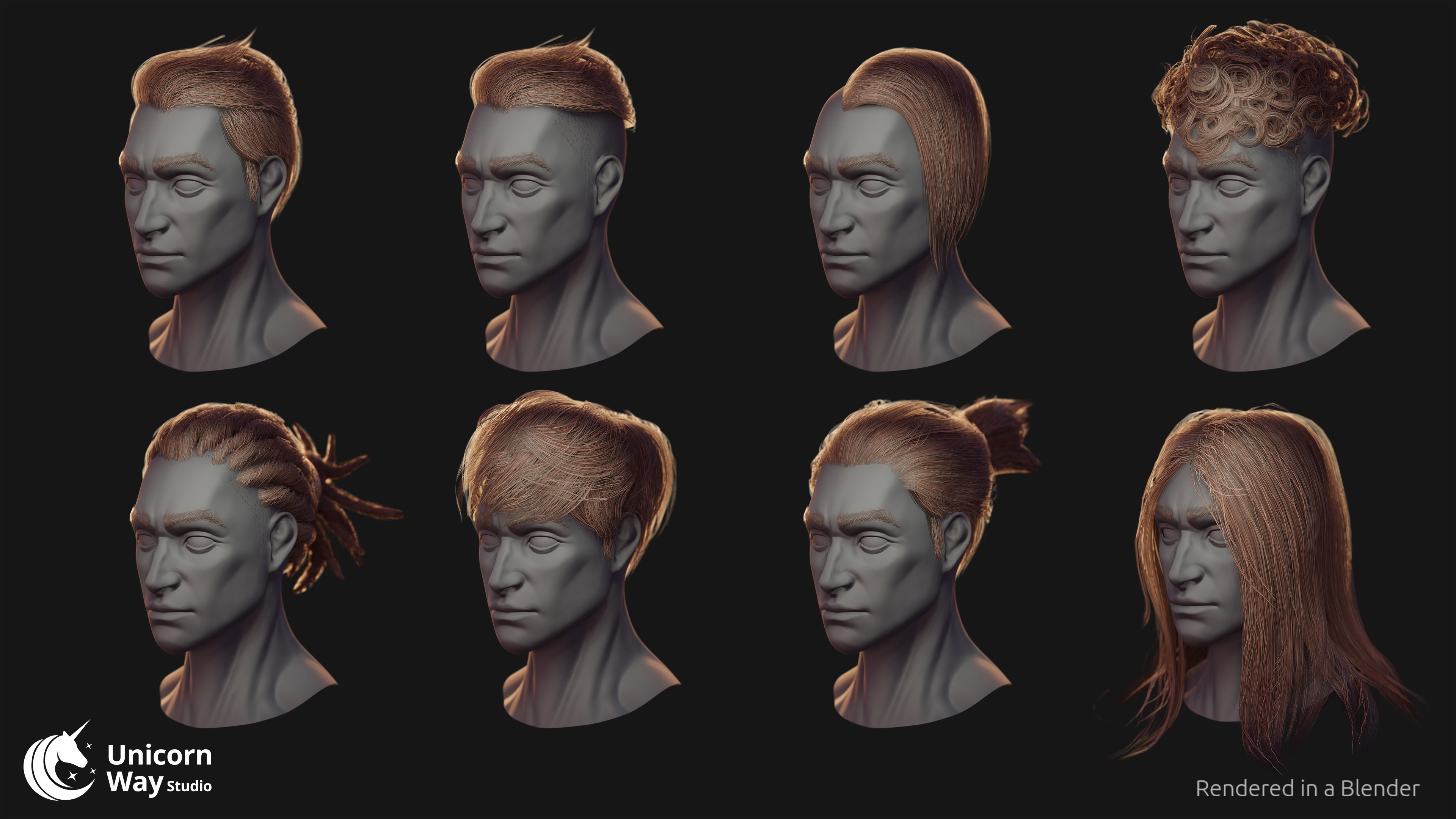 Hair and Beard Pack Low-poly 3D model_1