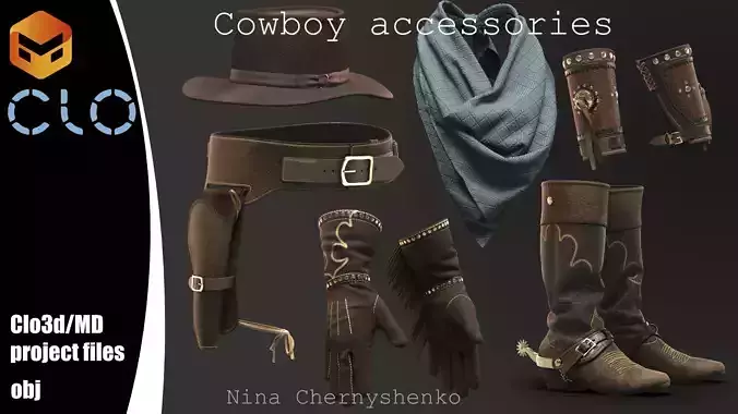Cowboy accessories - Marvelous Designer project and OBJ 3D model
