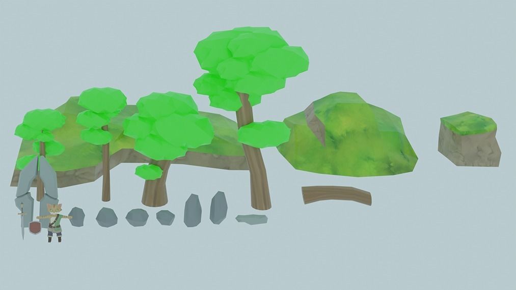 LowPoly warrior cat forest - Trees Ground and Rocks Low-poly Low-poly 3D model_2