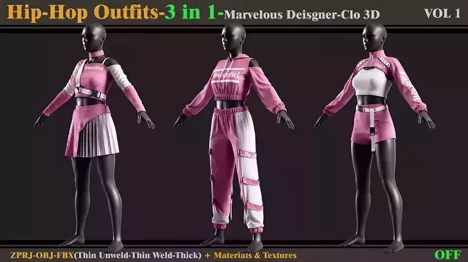 3 in 1 Hip-Hop Outfit-MD-Clo3d-OBJ-FBX-Material-Textures