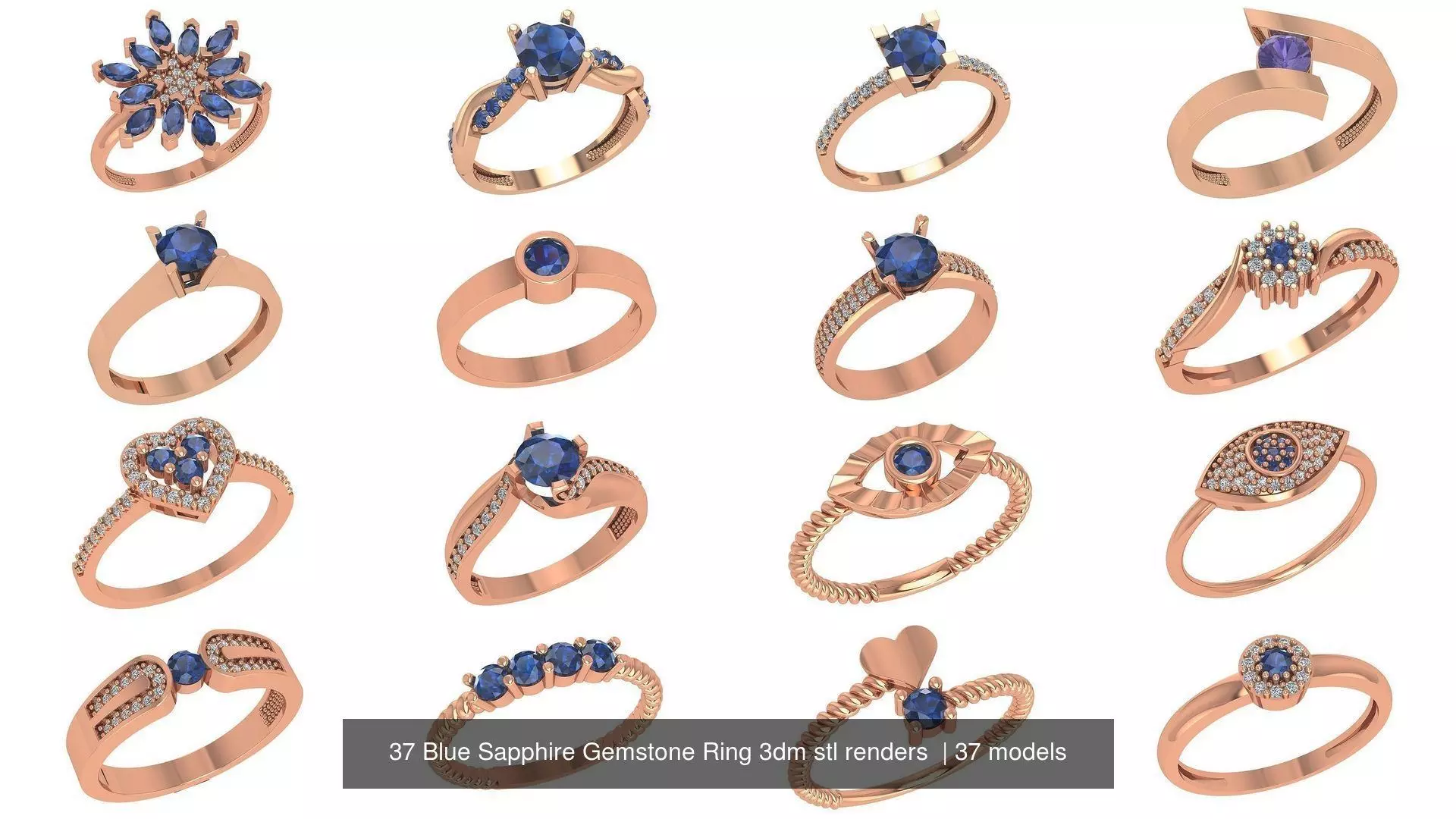 37 Blue Sapphire Gemstone Ring 3dm stl renders 3D Model Collection_0