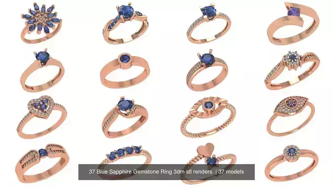37 Blue Sapphire Gemstone Ring 3dm stl renders  3D Model Collection