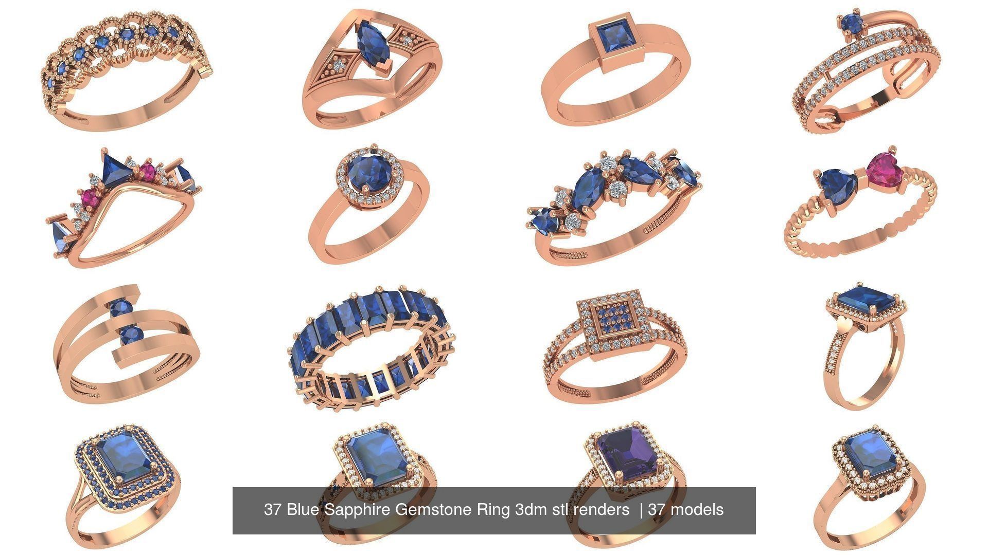 37 Blue Sapphire Gemstone Ring 3dm stl renders 3D Model Collection_3