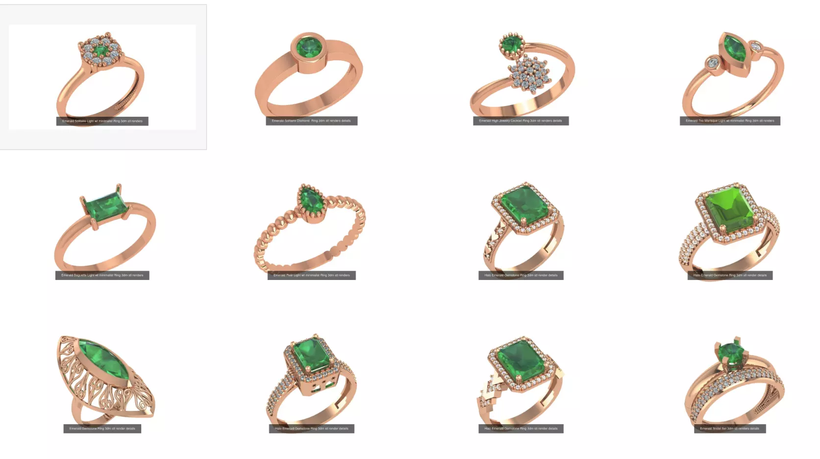 14 Emerald Gemstone Cocktail Ring 3dm stl renders details 3D Model Collection_0