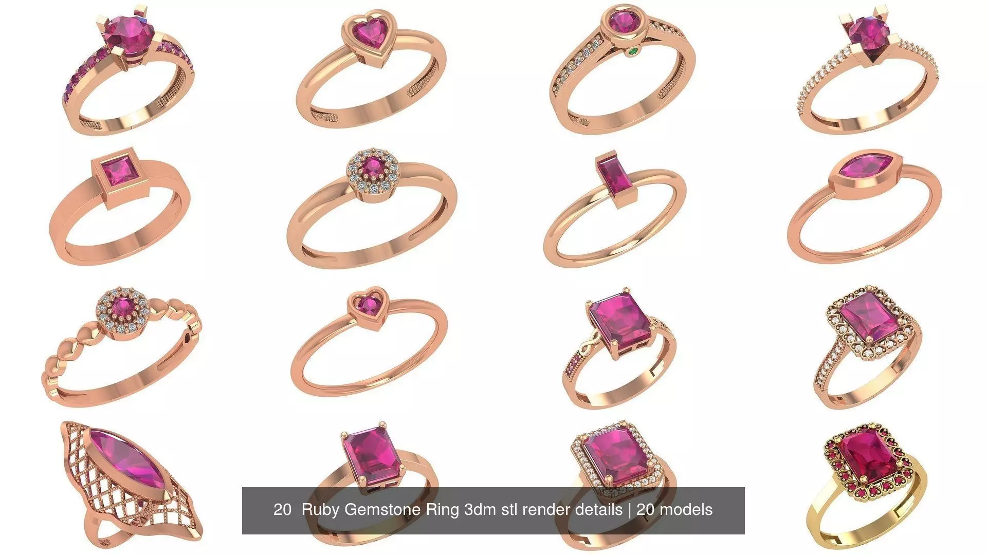 20 Ruby Gemstone Ring 3dm stl render details 3D Model Collection_0