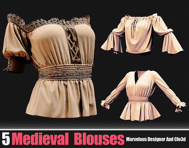 5 Medieval Women Blouses In Marvelous Designer 3D model