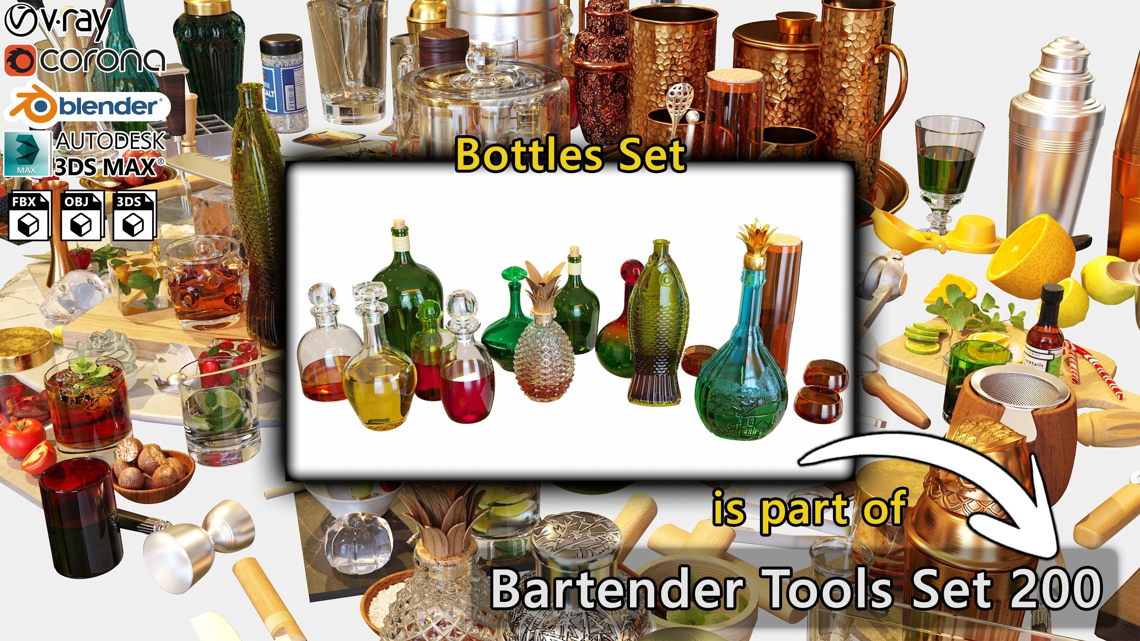 Bartender Tools Set 200 Bottles 3D model_2