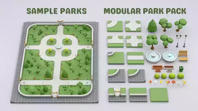 Cartoon Low Poly Modular Park Pack Low-poly 3D model