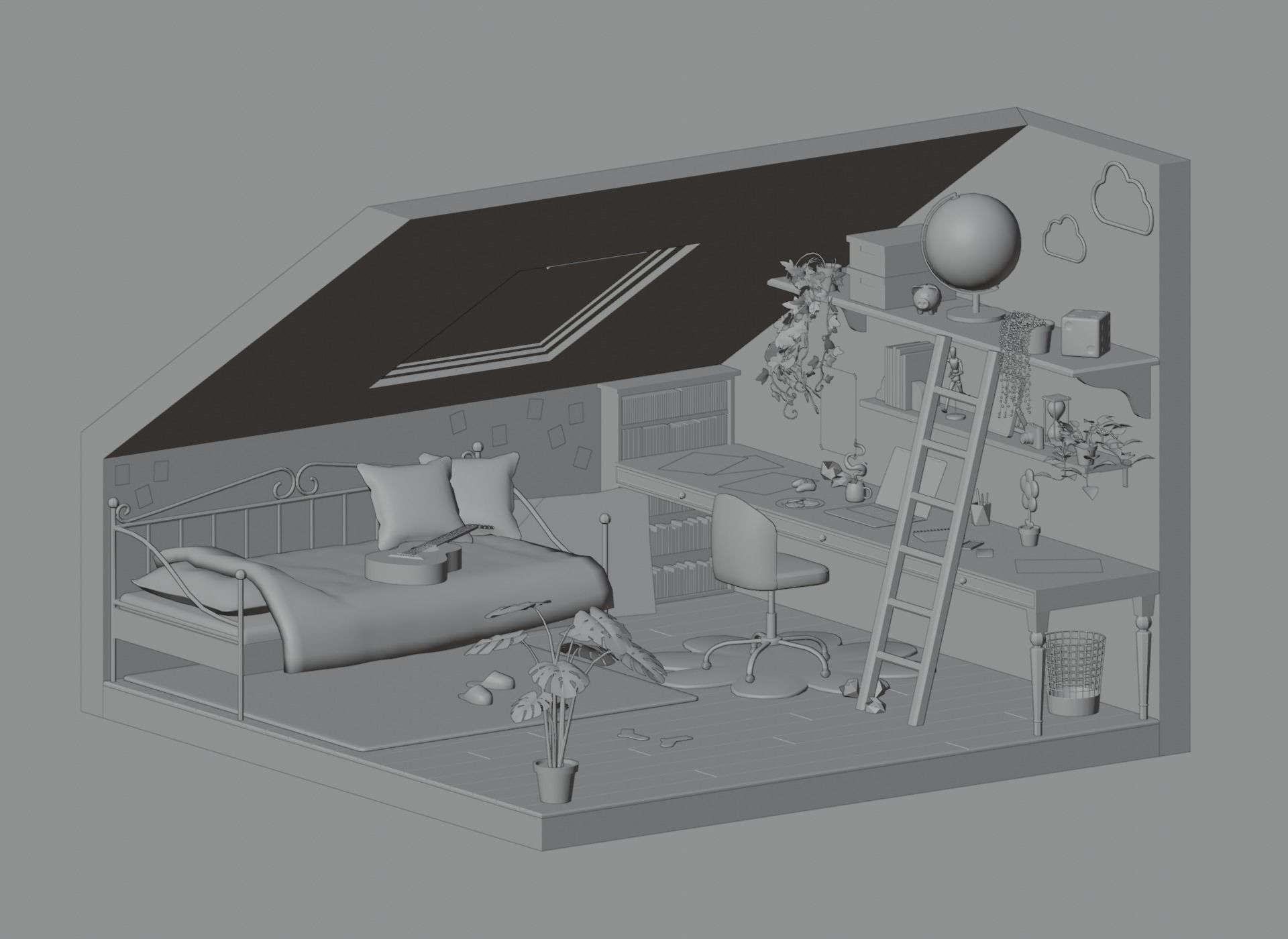 Attic bedroom Low-poly 3D model_1
