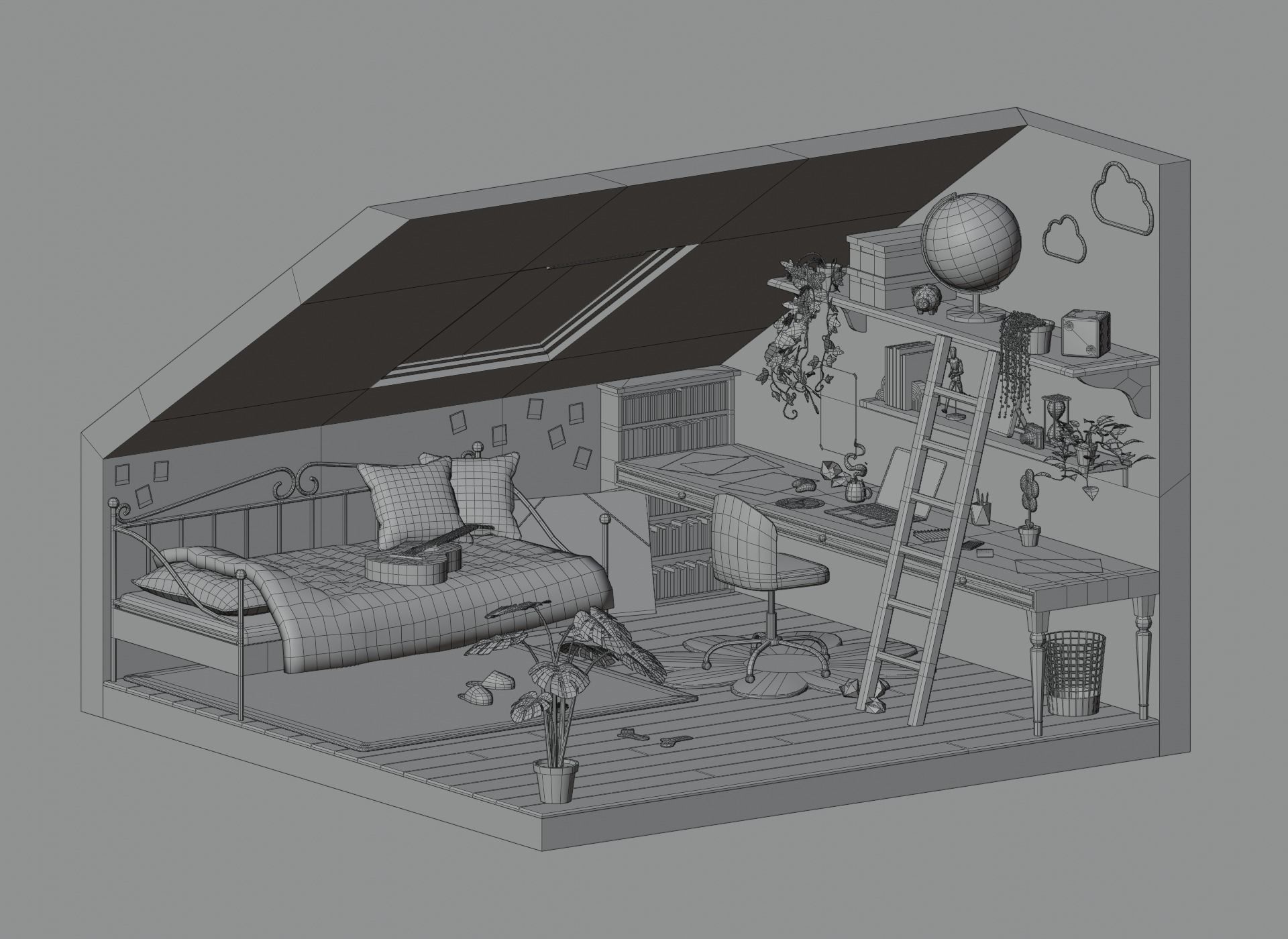 Attic bedroom Low-poly 3D model_2