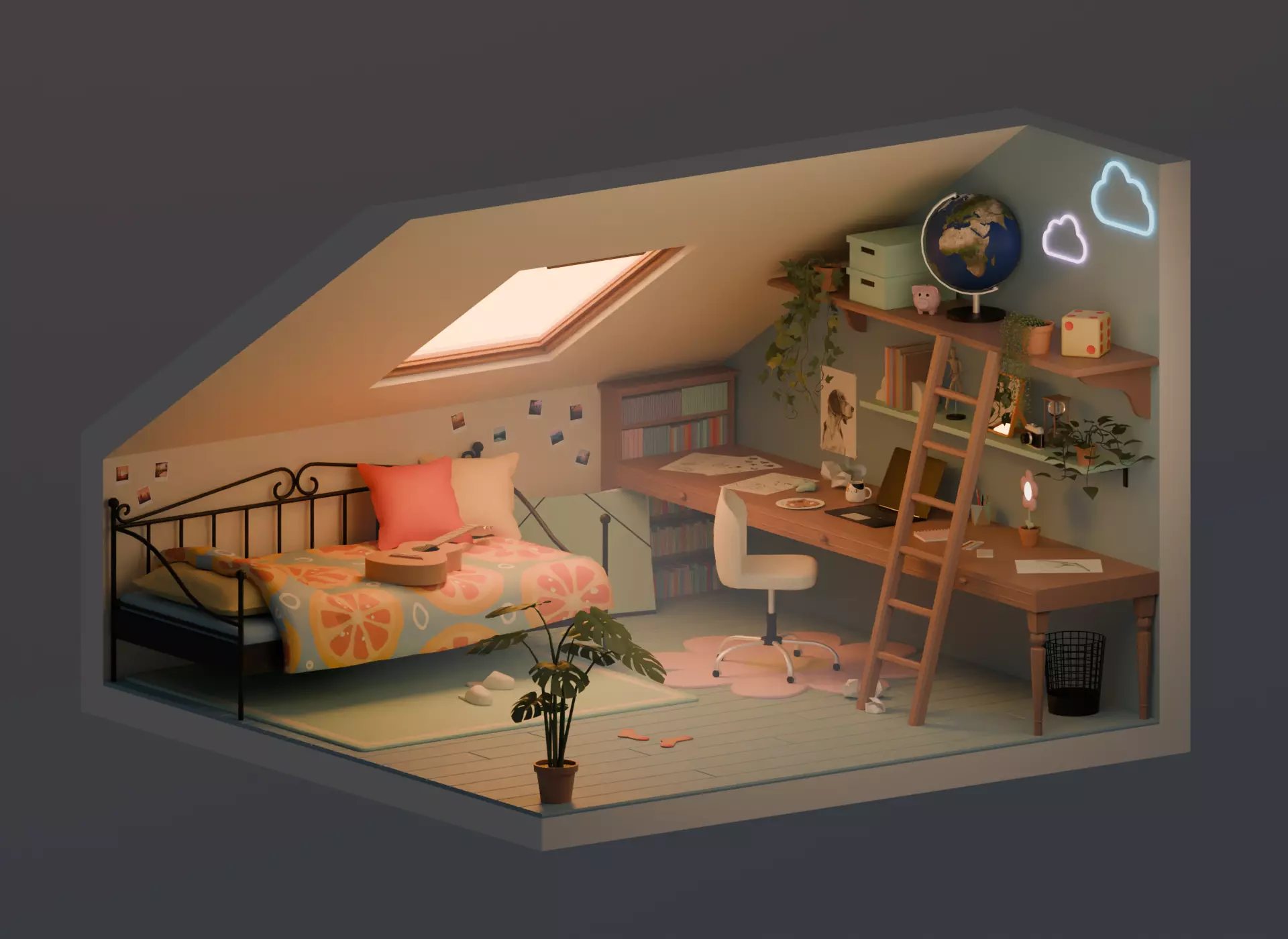 Attic bedroom Low-poly 3D model_0