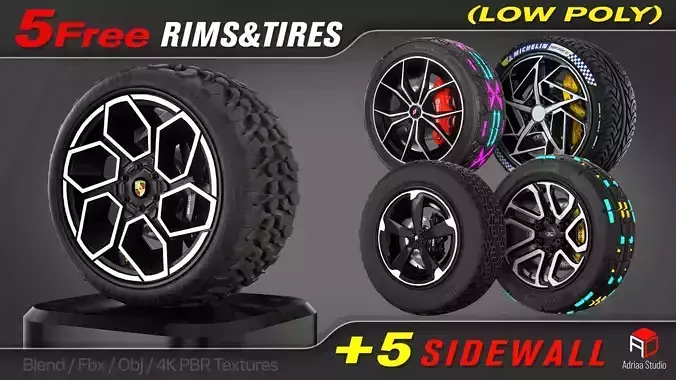 5 Free Tires And Rims Free low-poly 3D model