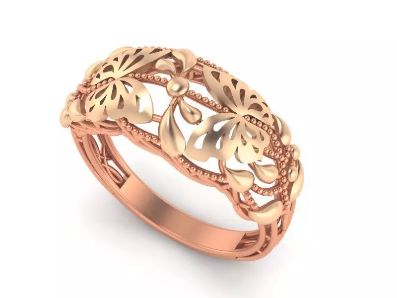 Butterfly on Flower Beads Wire Mesh Plain Gold Ring 3D print model