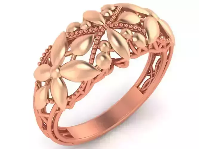 Flower Leaves Beads High Jewelry Cocktail Plain Gold Ring 3D print model