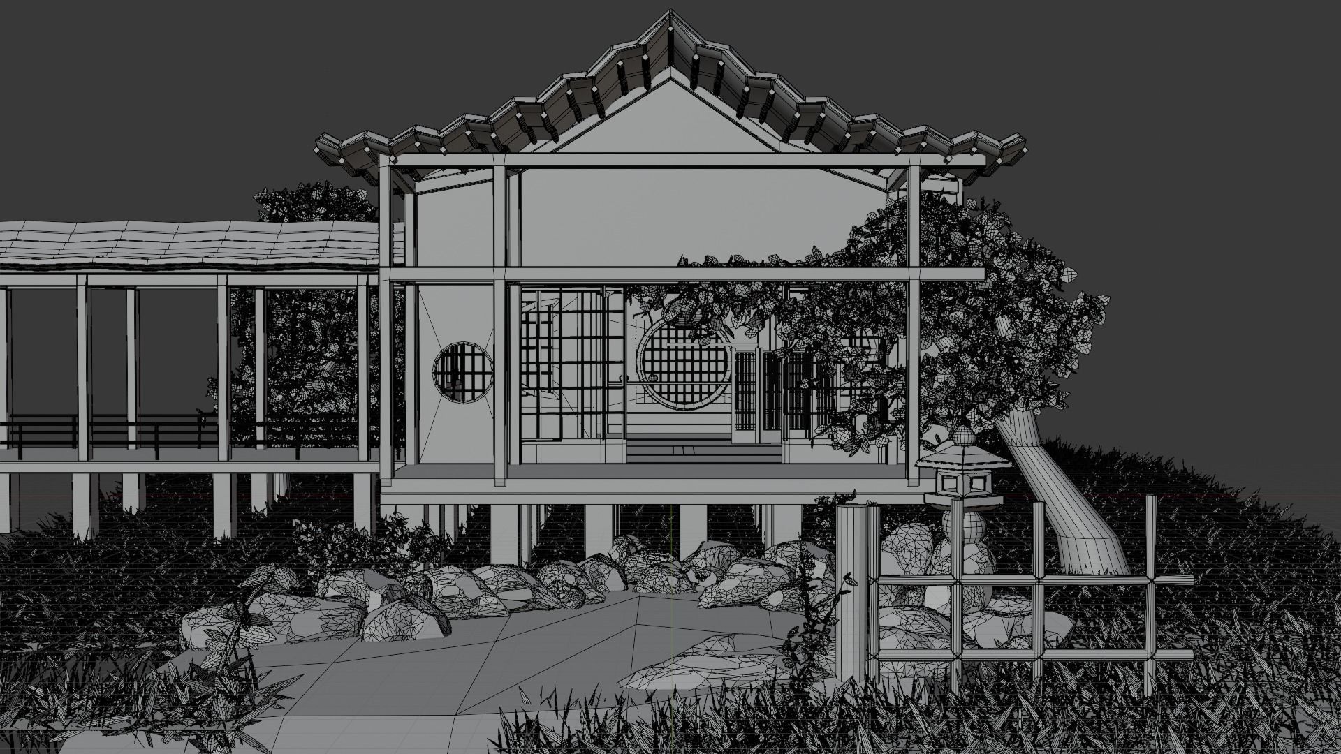 Japanese house with a small pond 3D model_3
