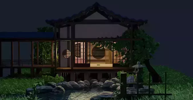 Japanese house with a small pond
