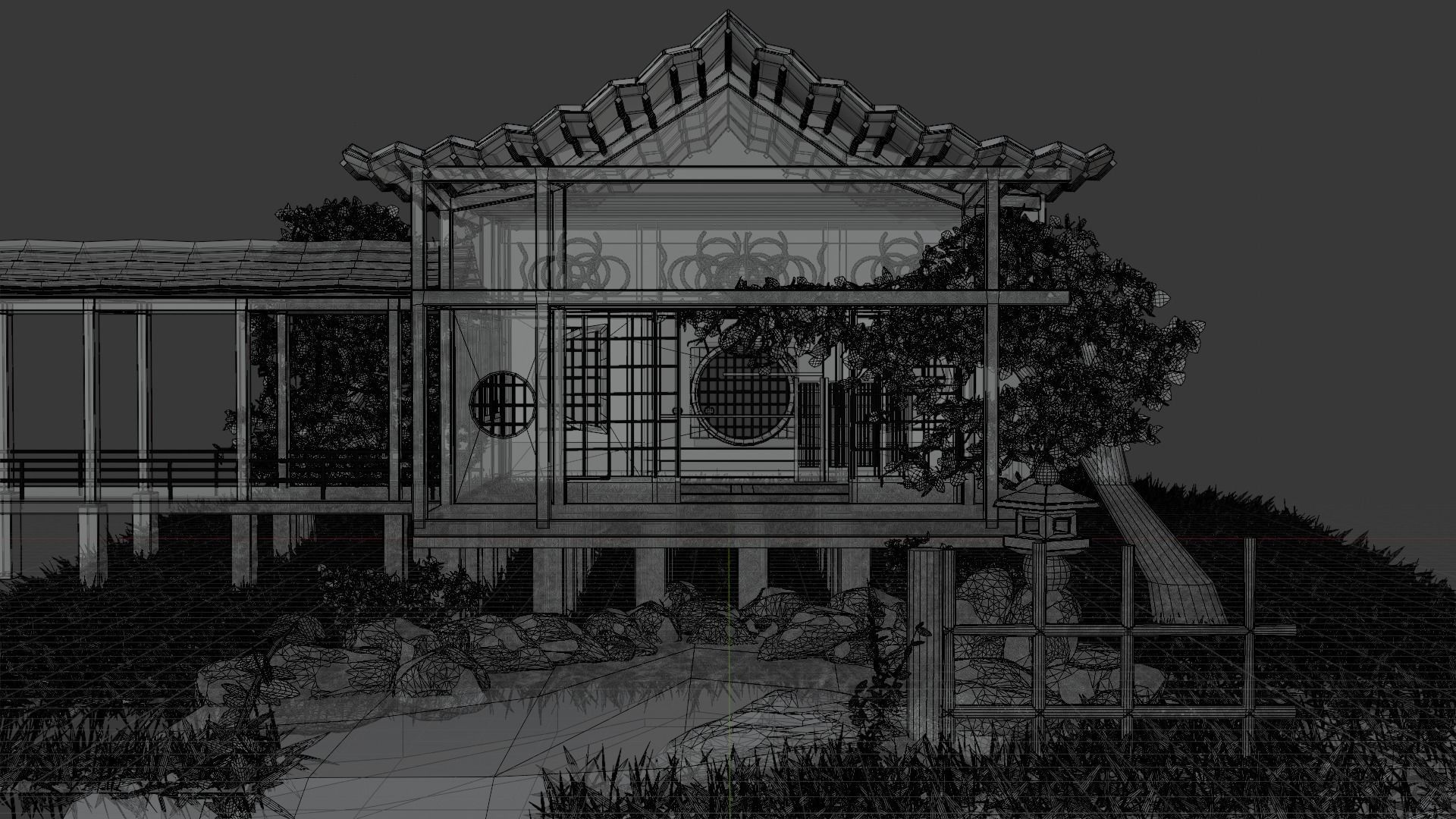 Japanese house with a small pond 3D model_4