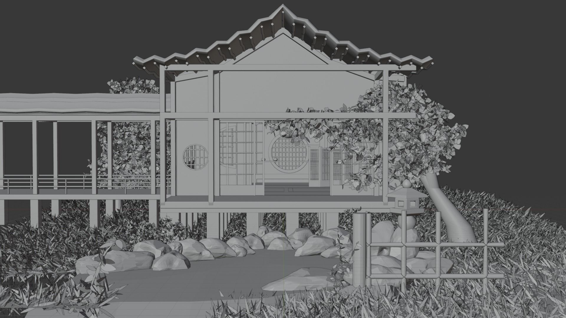 Japanese house with a small pond 3D model_1