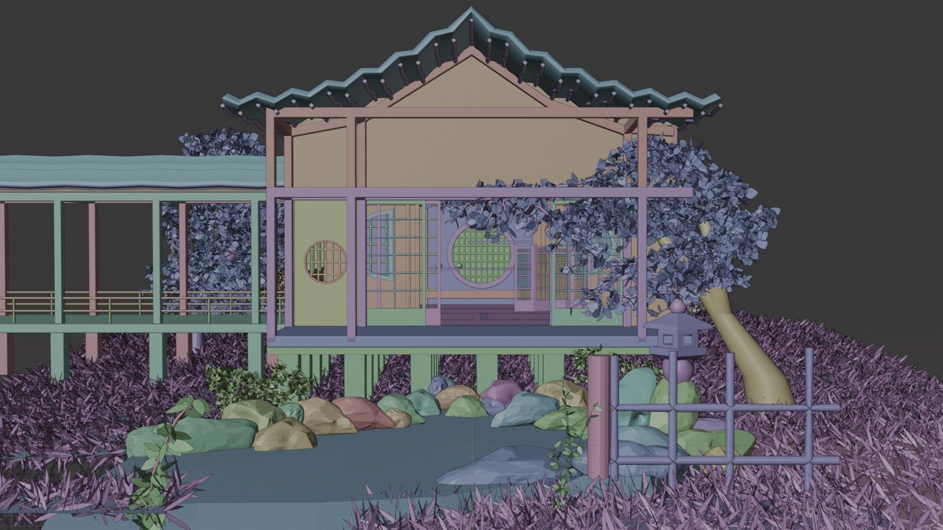 Japanese house with a small pond 3D model_2