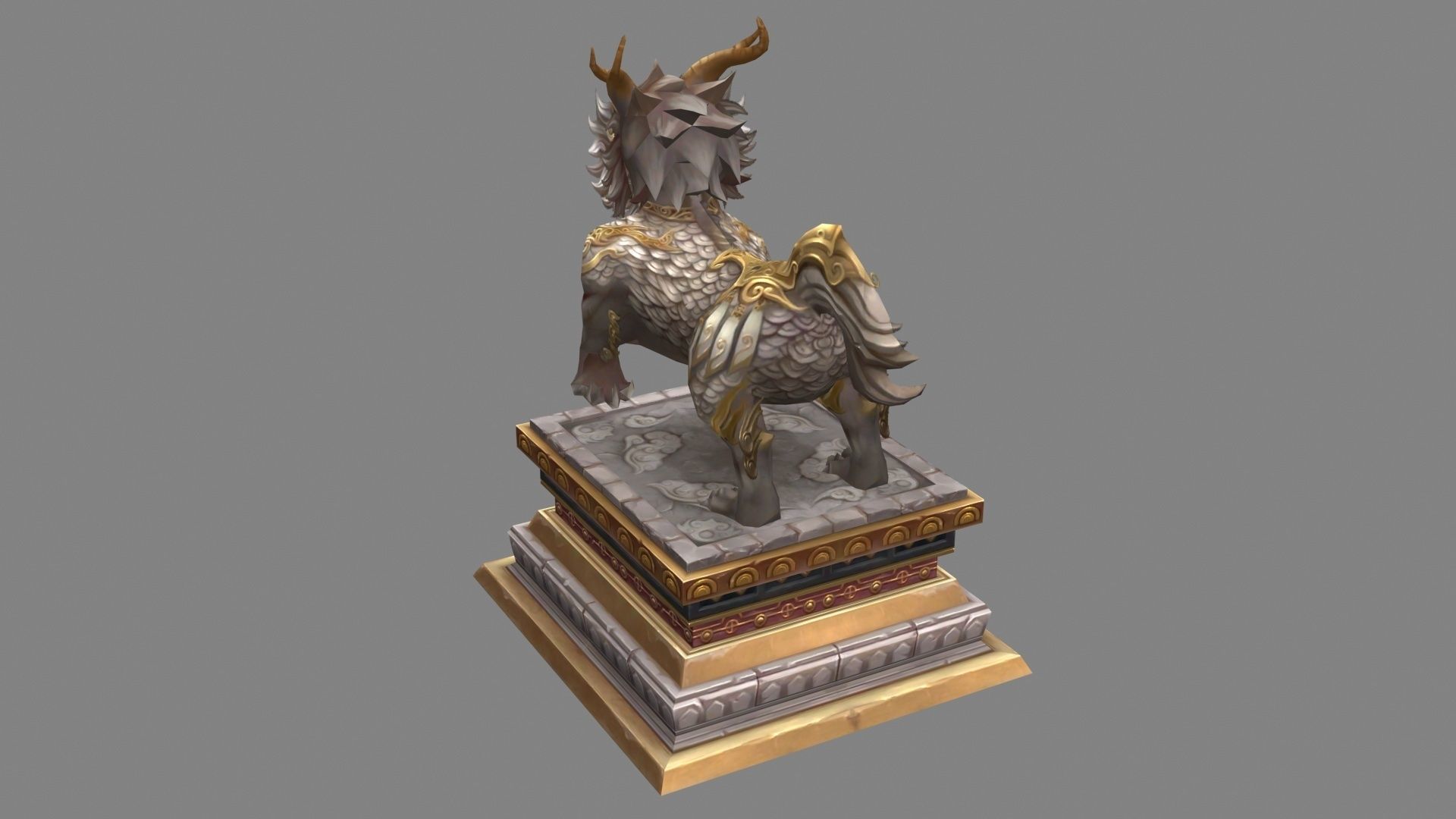 Stone lion - kylin Sculpture - chinese unicorn statue Low-poly 3D model_3