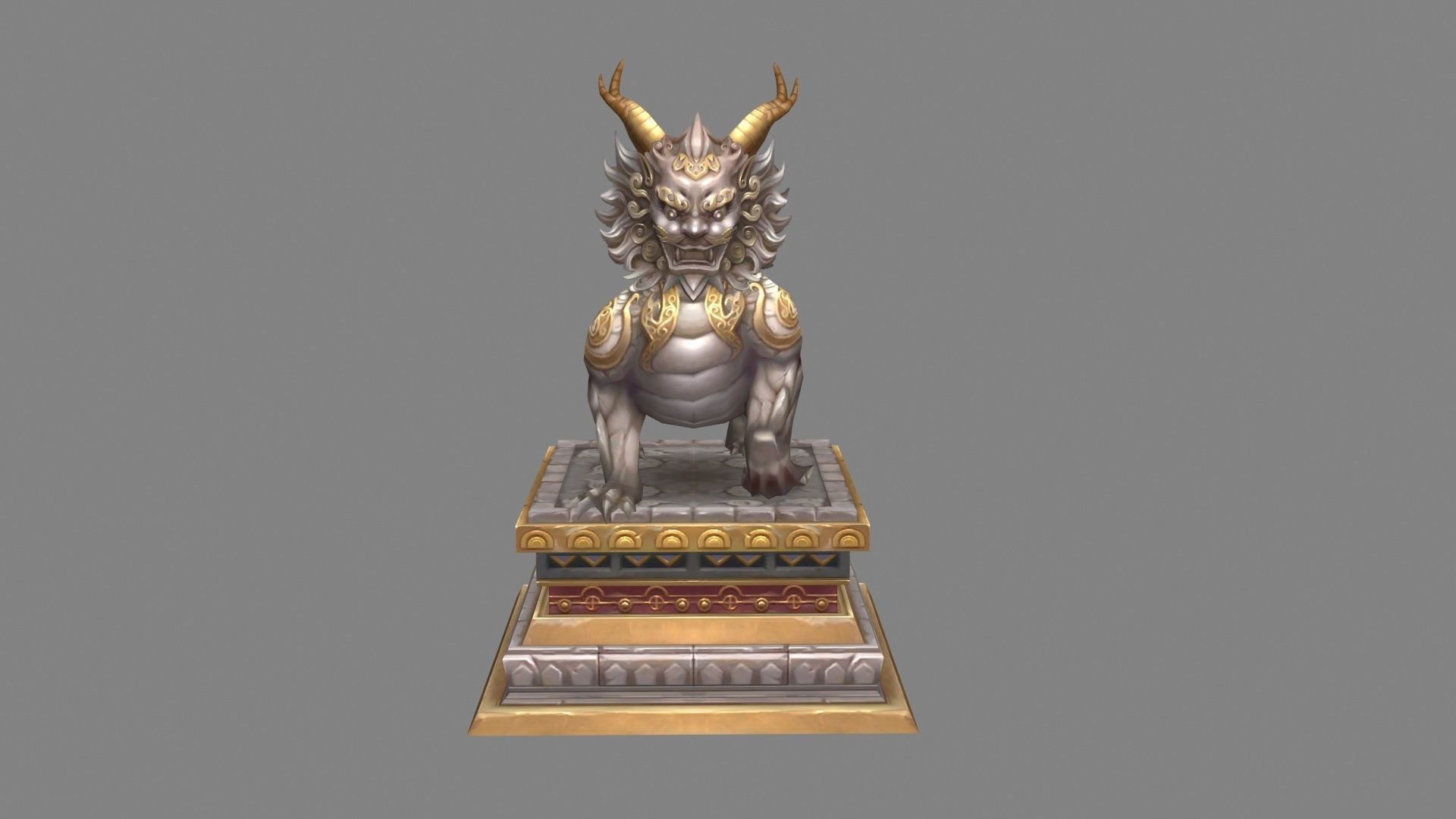 Stone lion - kylin Sculpture - chinese unicorn statue Low-poly 3D model_1