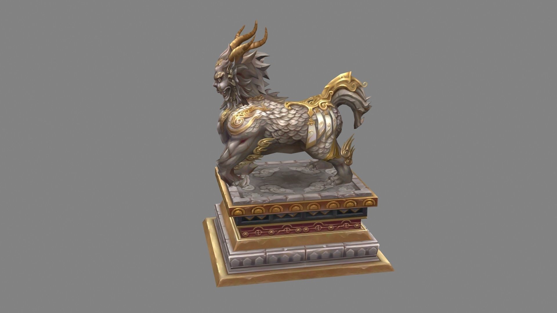 Stone lion - kylin Sculpture - chinese unicorn statue Low-poly 3D model_2
