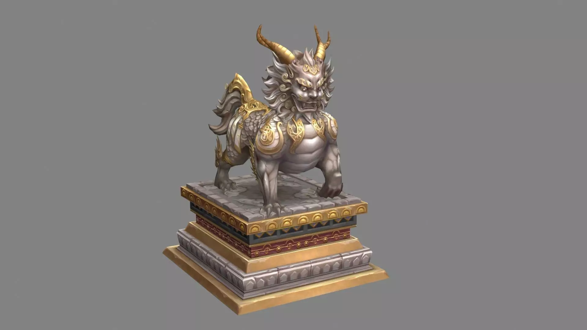 Stone lion - kylin Sculpture - chinese unicorn statue Low-poly 3D model_0