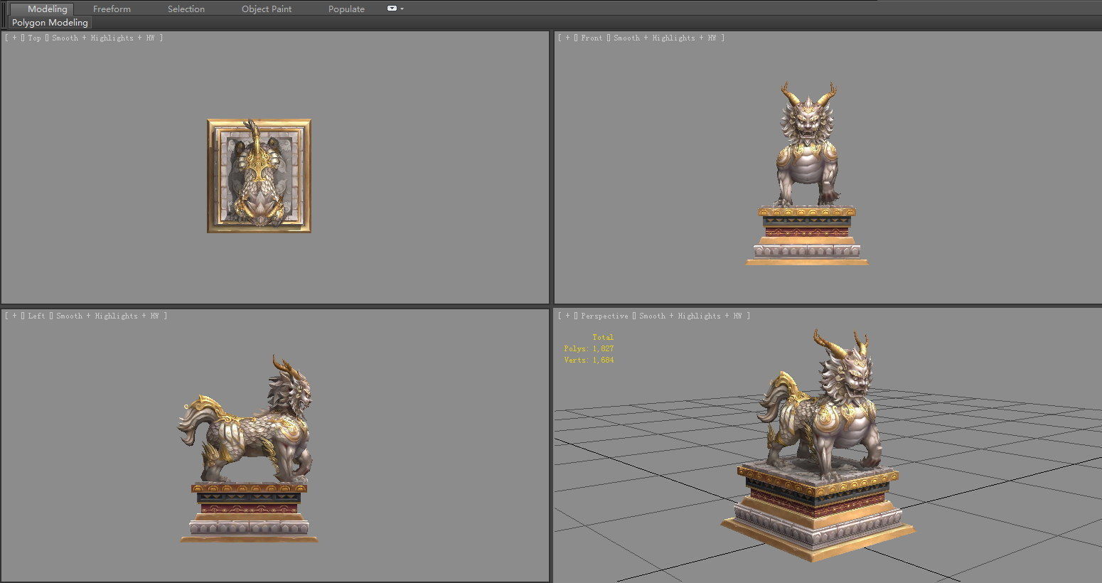 Stone lion - kylin Sculpture - chinese unicorn statue Low-poly 3D model_4