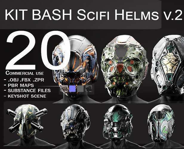 20 Scifi Helmets with Textures Ready for Games and 3D Softwares Low-poly 3D model