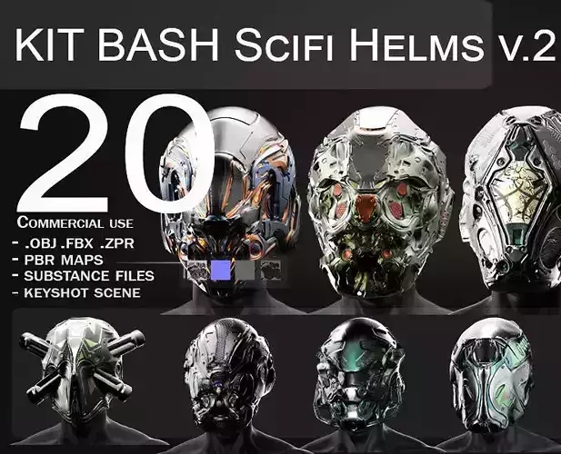 20 Scifi Helmets with Textures Ready for Games and 3D Softwares Low-poly 3D model