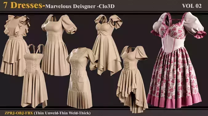 7 Dresses-MD-Clo3D -ZPRJ- FBX-OBJ 3D model
