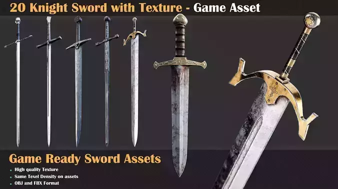 20 Knight Sword with Texture - Game Asset  