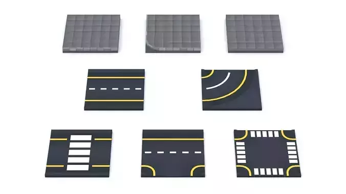 Cartoon Low Poly Modular Road City Floor Pack Low-poly 3D model