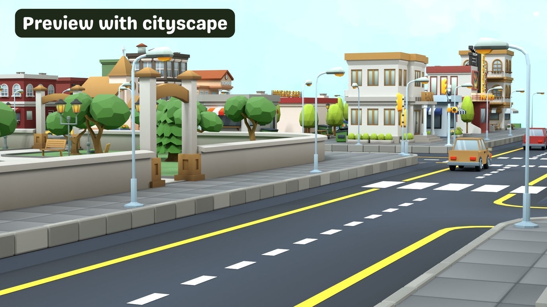 Cartoon Low Poly Modular Road City Floor Pack Low-poly 3D model_10