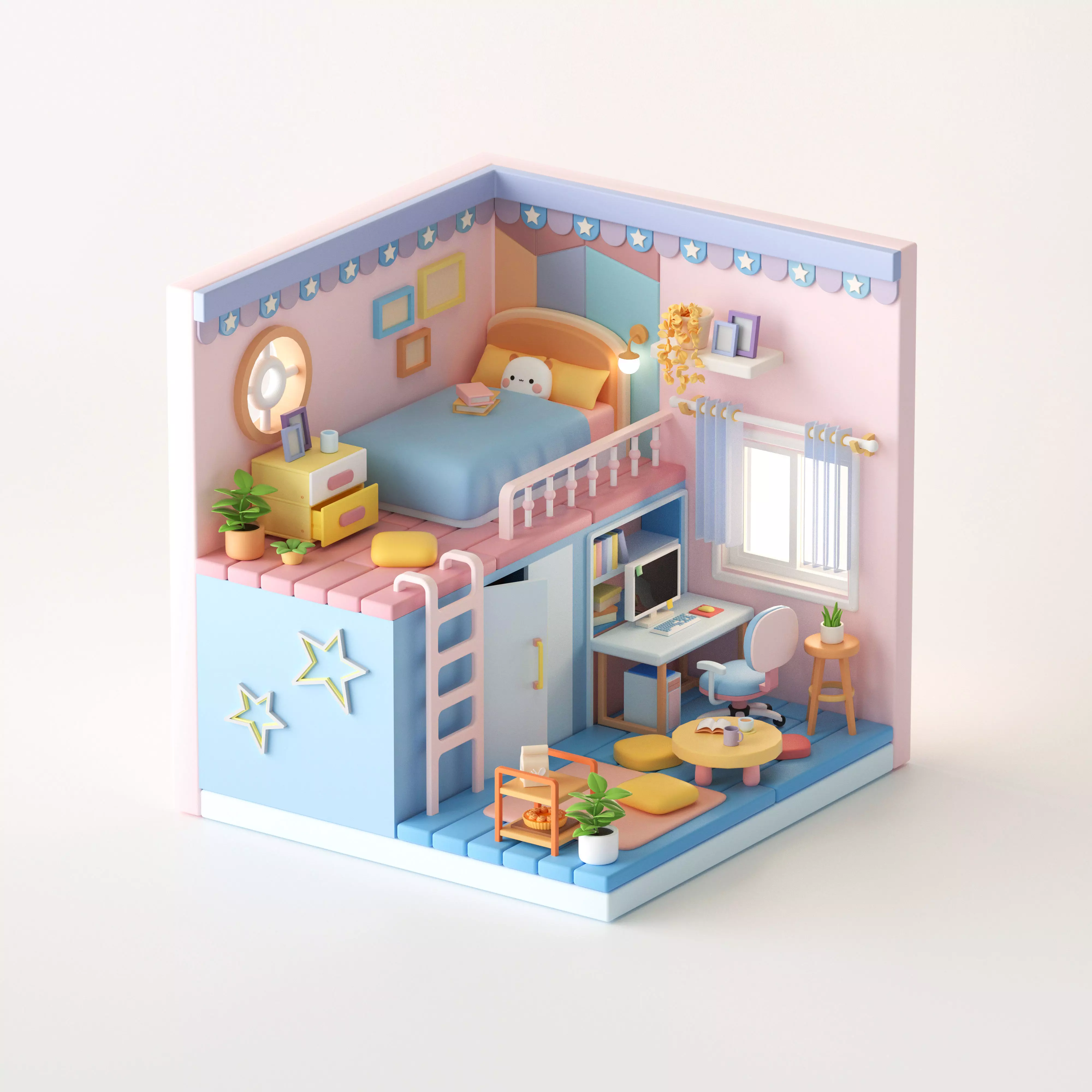 isometric cartoon pink loft room student dormitory 3D model
