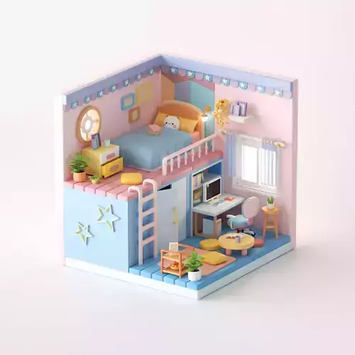 isometric cartoon pink loft room student dormitory  