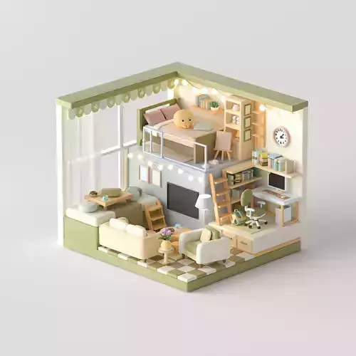 isometric cartoon  loft livingroom bedroom apartment