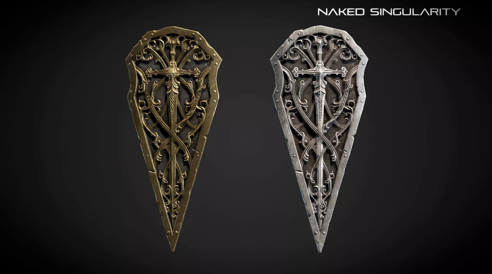 dark sword shield Medieval dark fantasy weapon Low-poly 3D model_0