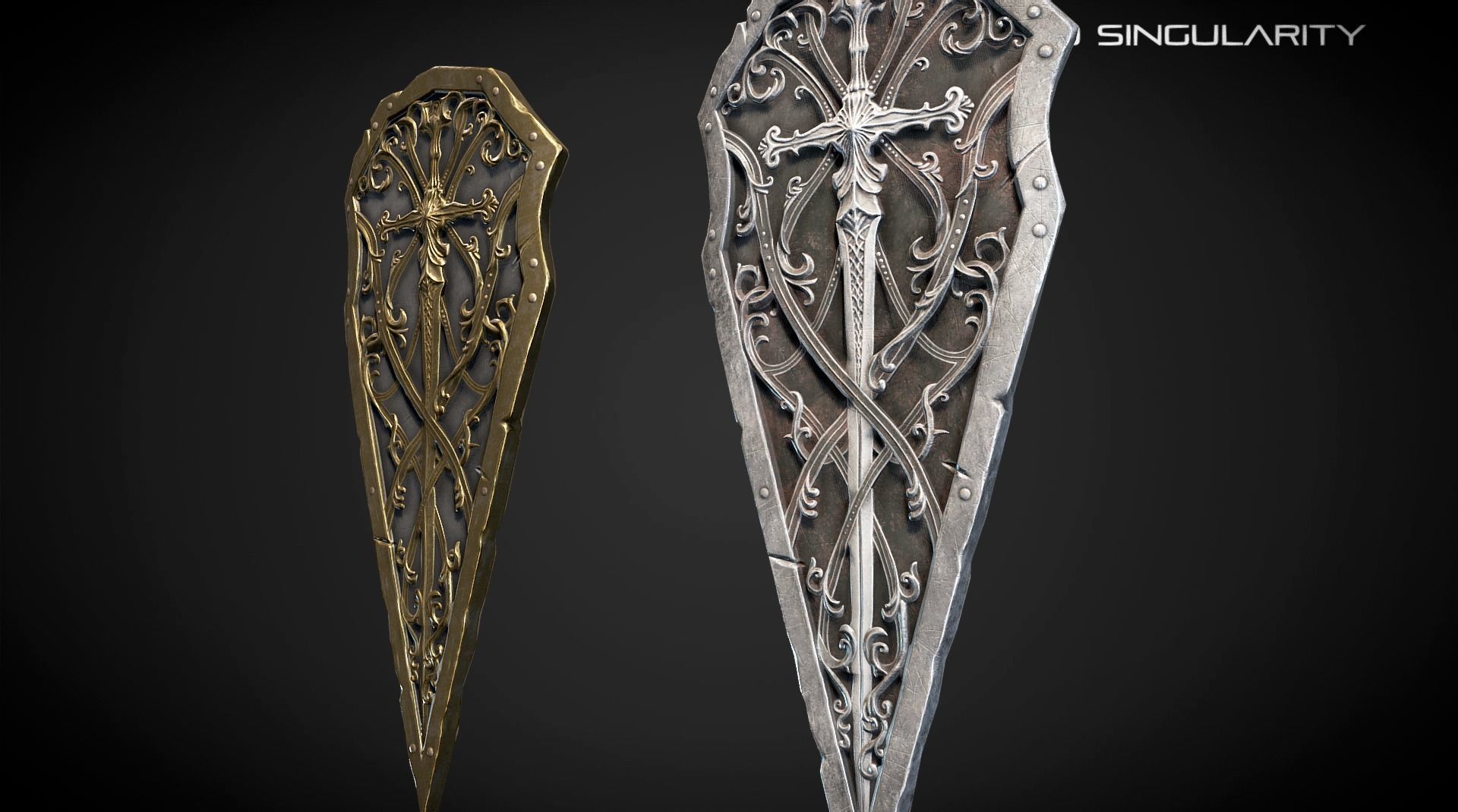 dark sword shield Medieval dark fantasy weapon Low-poly 3D model_3