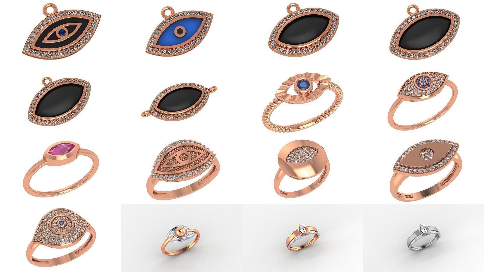 47 Evil Eye High Jewelry Cocktail Ring Earrings Pendant Bracelet 3D Model Collection_2